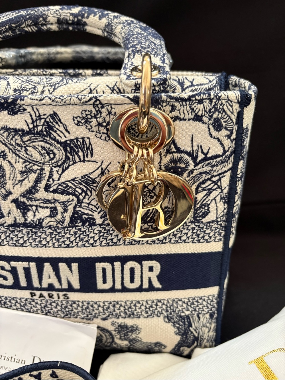 CHRISTIAN DIOR Canvas Tote Embroidered Medium Lady DLite Navy LIKE NEW Condition - Picture 2 of 13